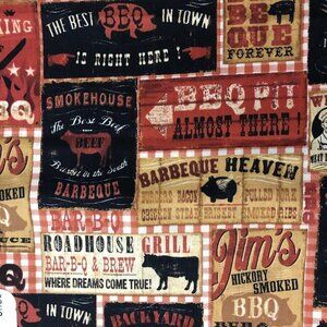 🛒 $8 - Quilt Cotton Fabric Material - 1 yard Bar BQ Food Southern #859